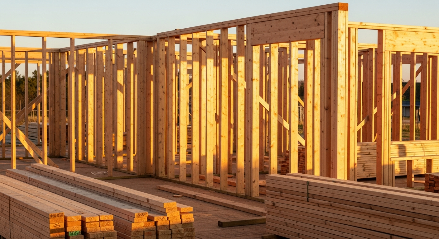 Exposed residential wood framing with clean wall studs and roof structure