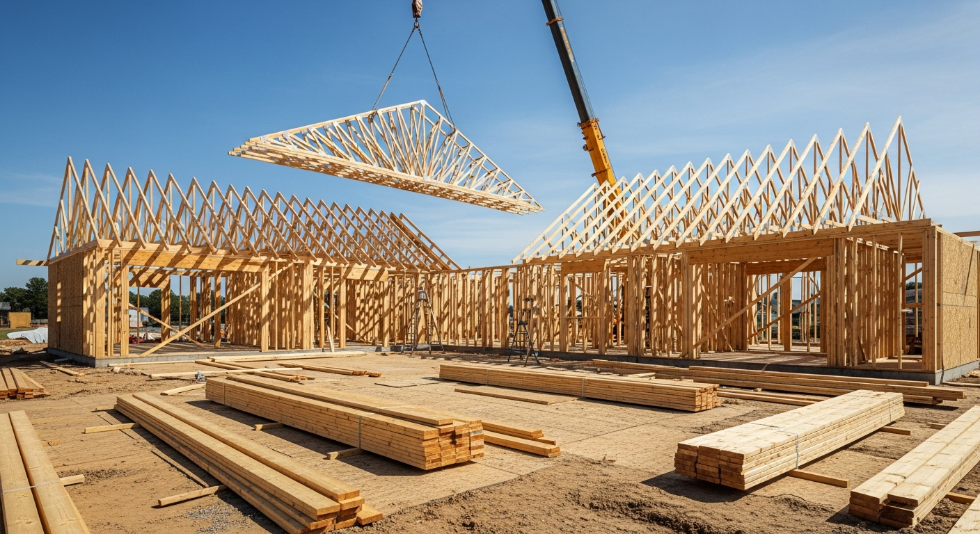 New residential home construction framing with roof trusses and organized lumber