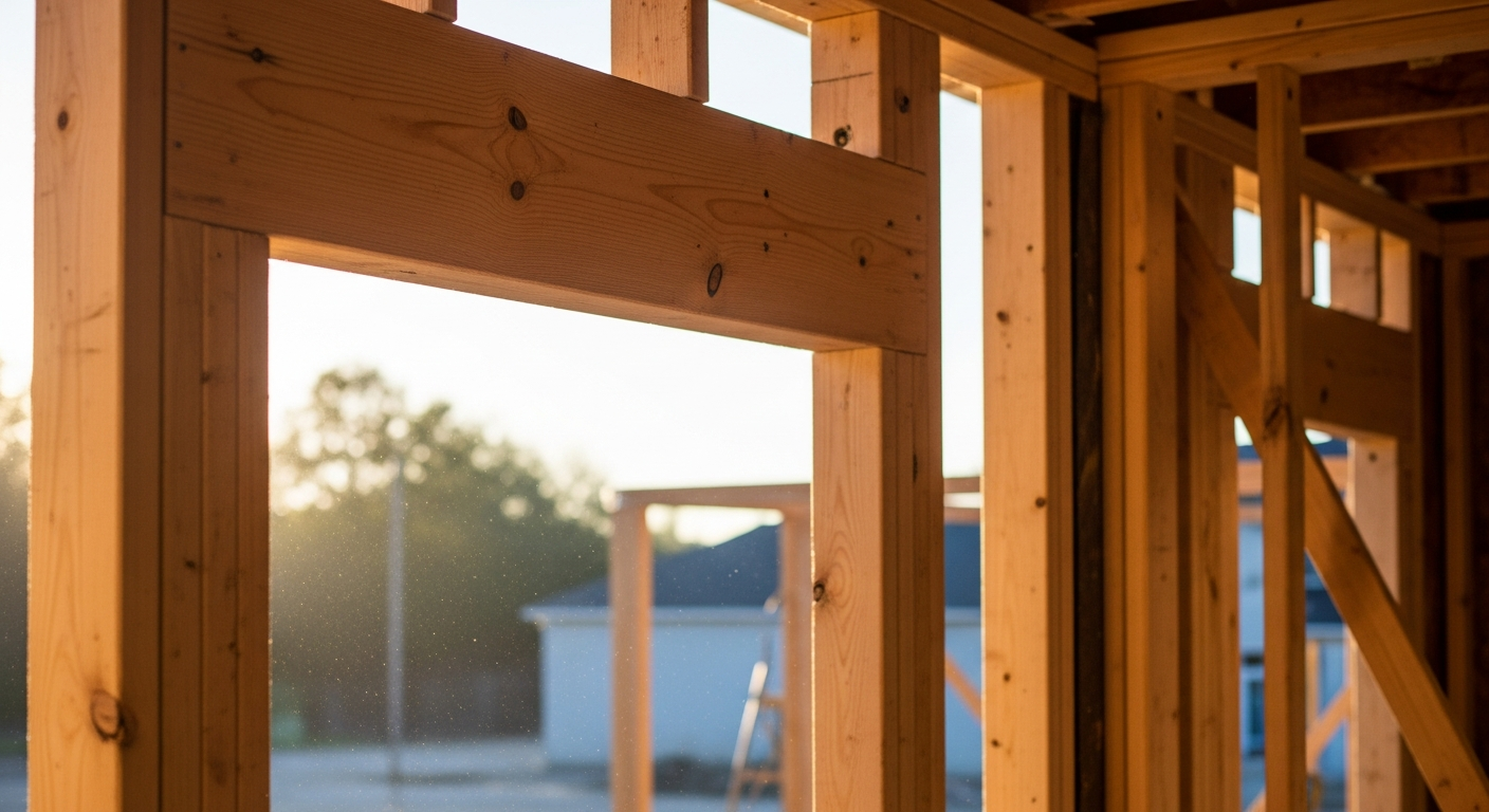 Residential window rough opening framed square with sunlight through wall studs